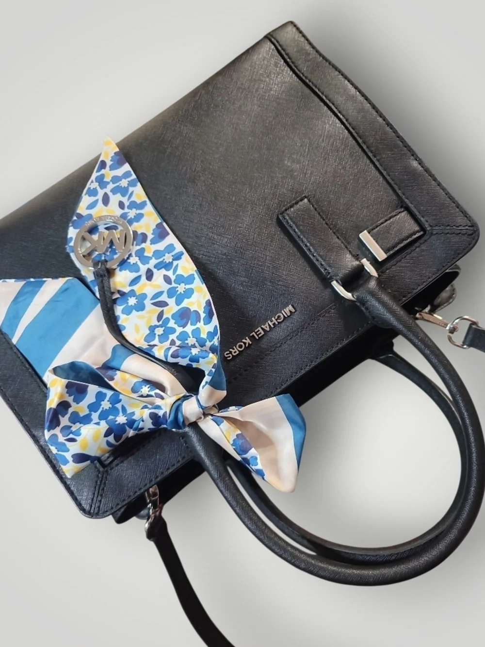 Michael Michael Kors Black Saffiano Leather Satchel with Floral Bag Scarf EUC